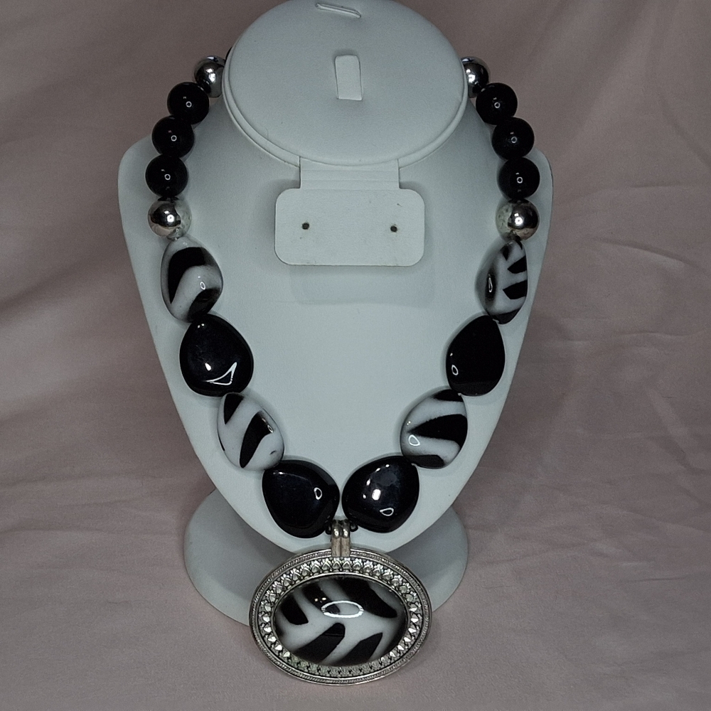 Zebra Print Oval Pendant Black Animal Print Stones Beaded Chunky Statement